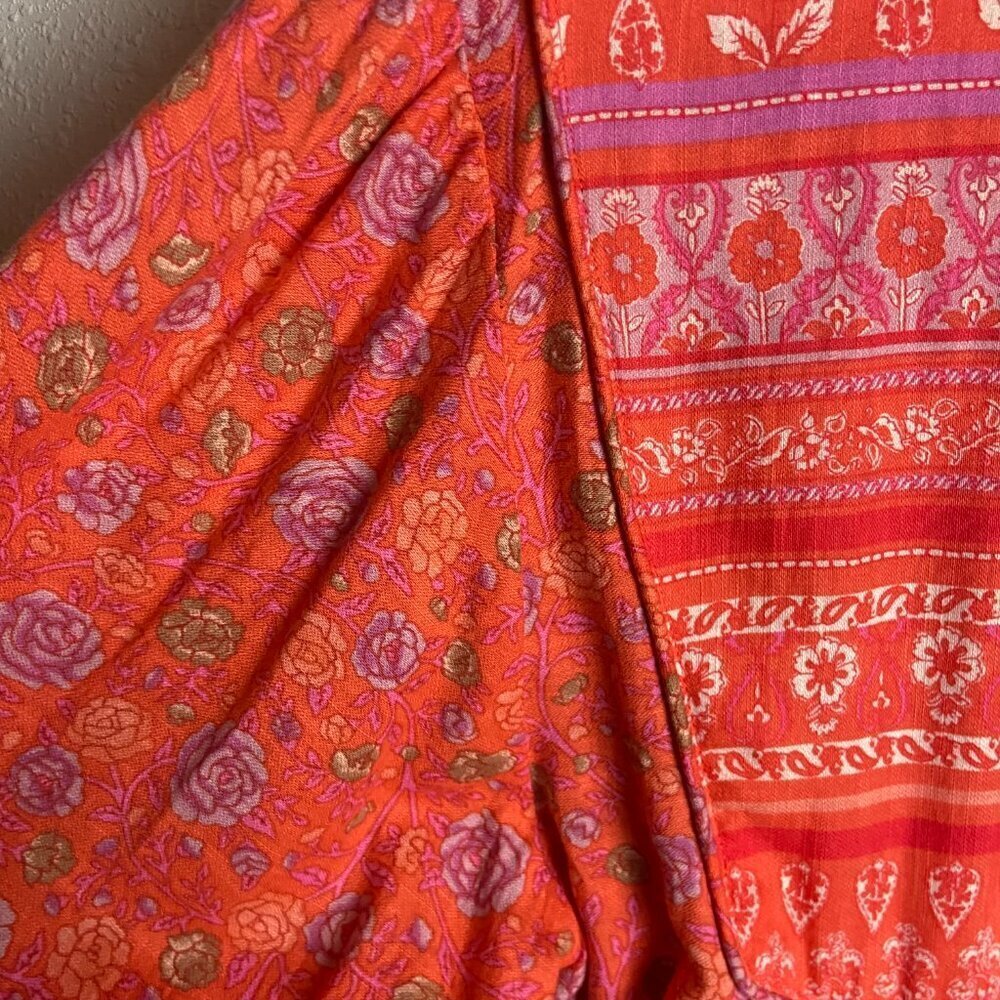 Lucky Brand Size Xs Lace Up Border Print Peasant Blouse Orange Foral Prairie - Picture 7 of 9